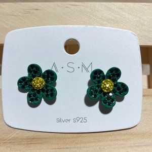 ASM Green Flower with Yellow Rhinestones Stud Earrings New